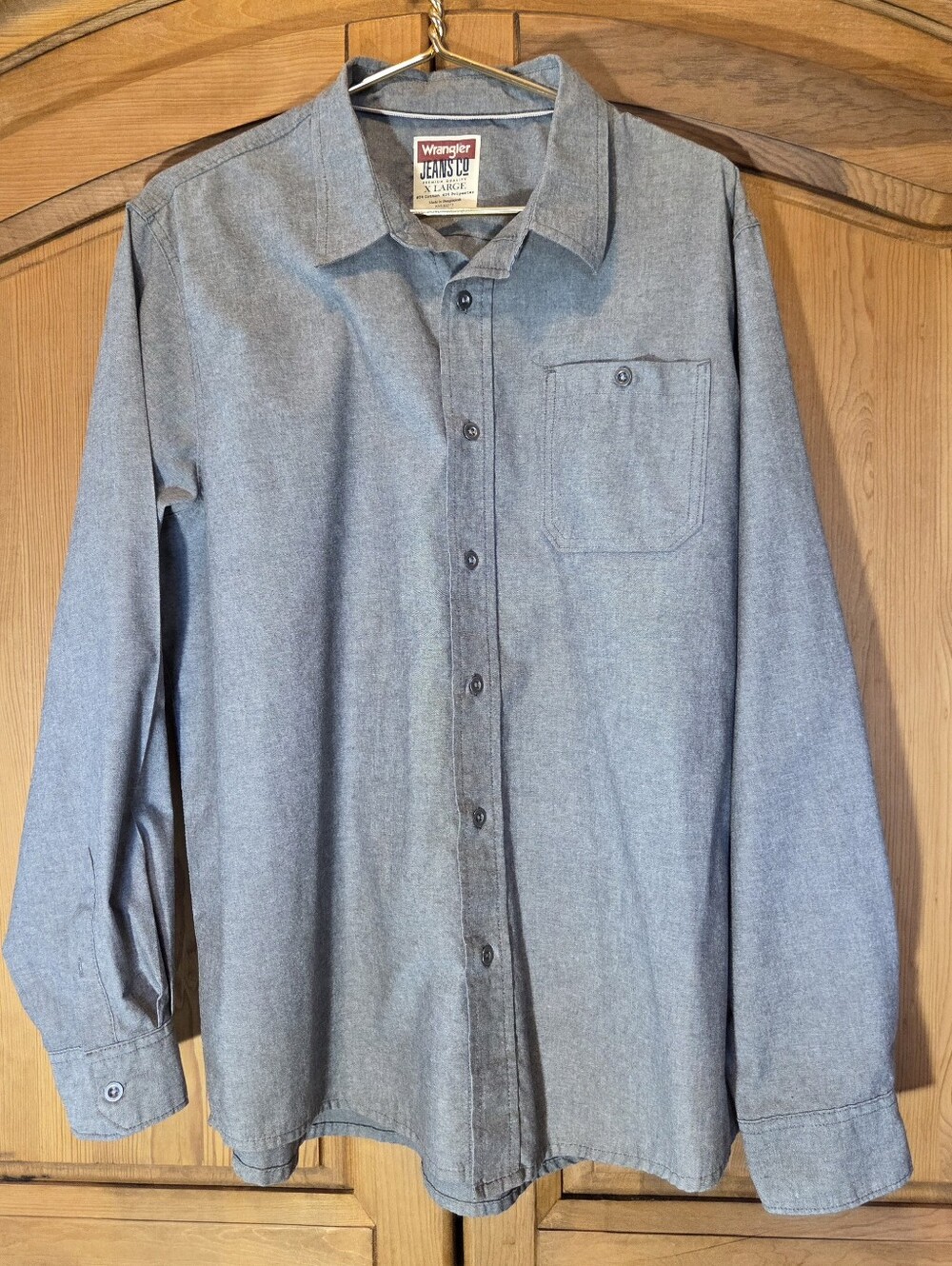 Mens Wrangler Jeans Co XL Shirt Gray Chambray Denim Long Sleeve Button Front